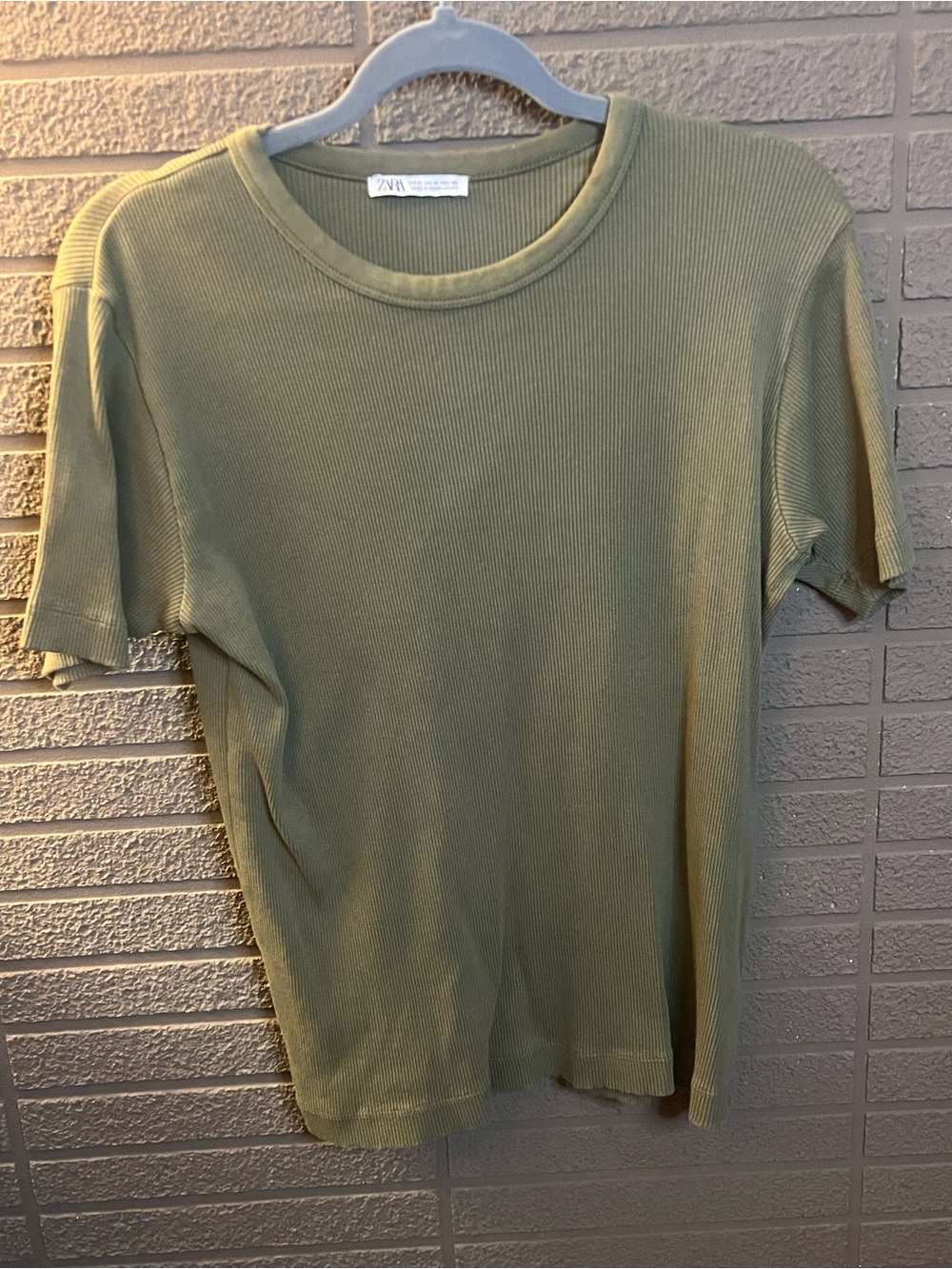 Zara Olive Green Ribbed Short Sleeve Tee